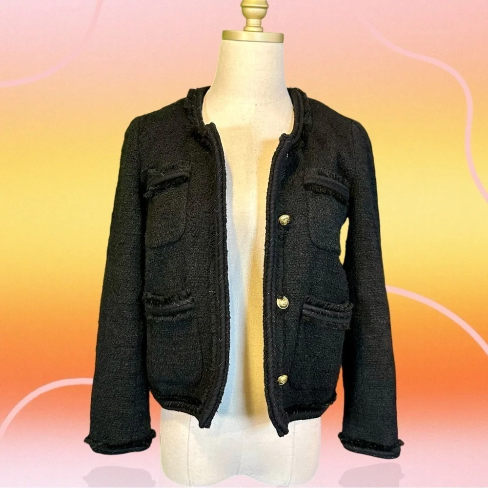 J. Crew Black Wool-Blend Tweed Gold Button-Front Patch Pocket Lady Jacket Size 0